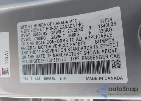 2025 Honda Civic Sport z USA, uszkodzony, nr VIN 2HGFE2F53SH557270